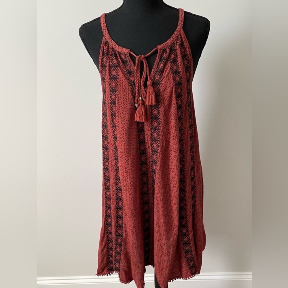American Eagle Burnt Orange Embroidered Boho Halter Tank Gauzy Mini Dress XS